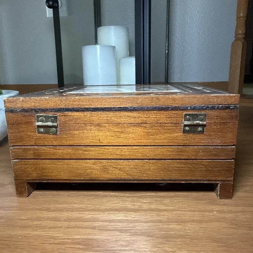 Vintage Carved Wood Tile Top Box Boho Jewelry Keepsake Rustic Decor 7x7x3.25
